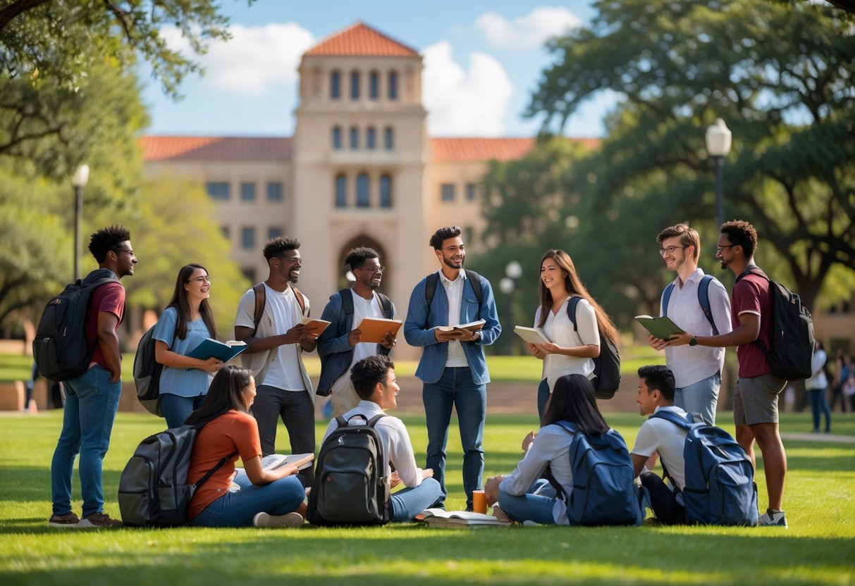 35 Fully Funded Scholarships | University of Texas at Austin 2026 21 A diverse group of university students studying and talking together outdoors on a sunny day at the University of Texas at Austin campus.