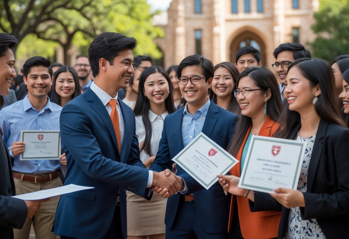 35 Fully Funded Scholarships | University of Texas at Austin 2026 22 Students receiving scholarship awards outdoors at the University of Texas at Austin, smiling and celebrating with a university official.