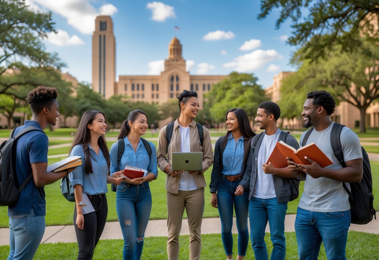 35 Fully Funded Scholarships | University of Texas at Austin 2026 23 A group of diverse college students studying and talking outdoors on a university campus with iconic buildings and greenery in the background.