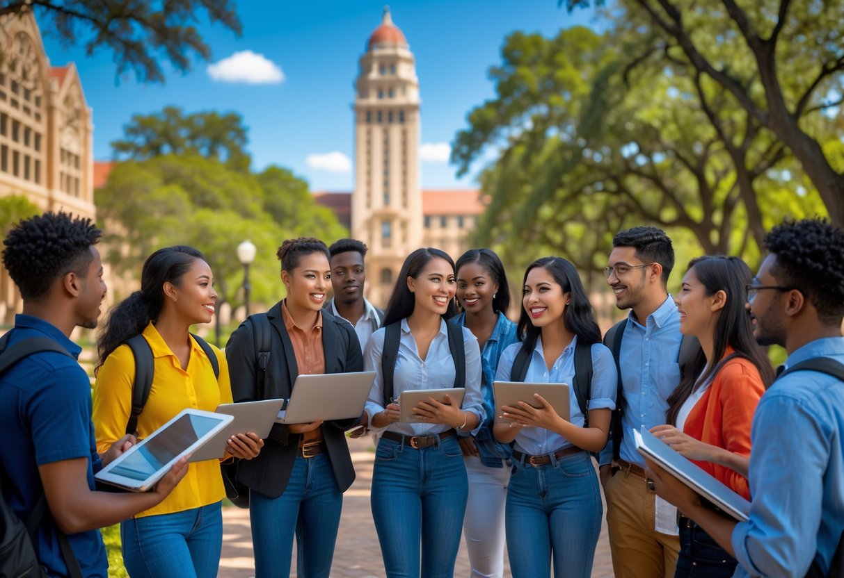 35 Fully Funded Scholarships | University of Texas at Austin 2026 24 A group of diverse university students talking and studying together outdoors on a sunny day at the University of Texas at Austin campus.