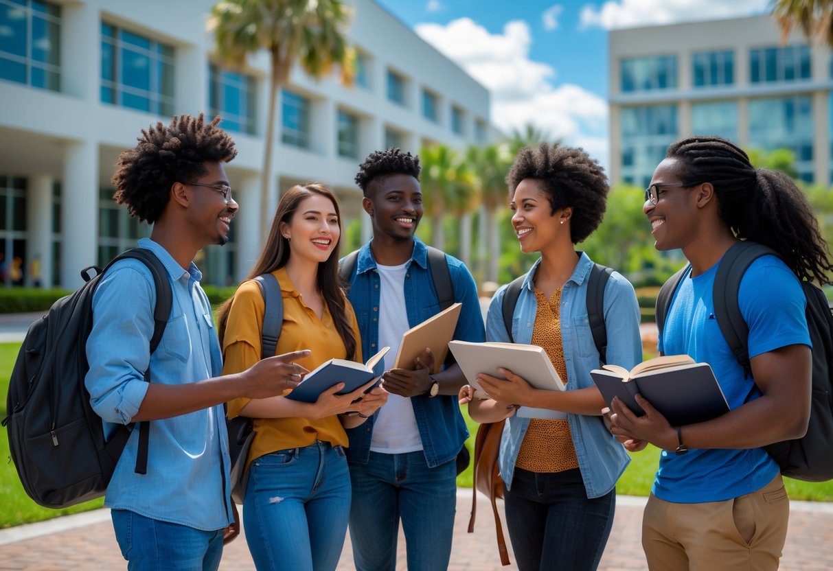 A diverse group of university students studying together outdoors on a university campus with modern buildings and greenery.