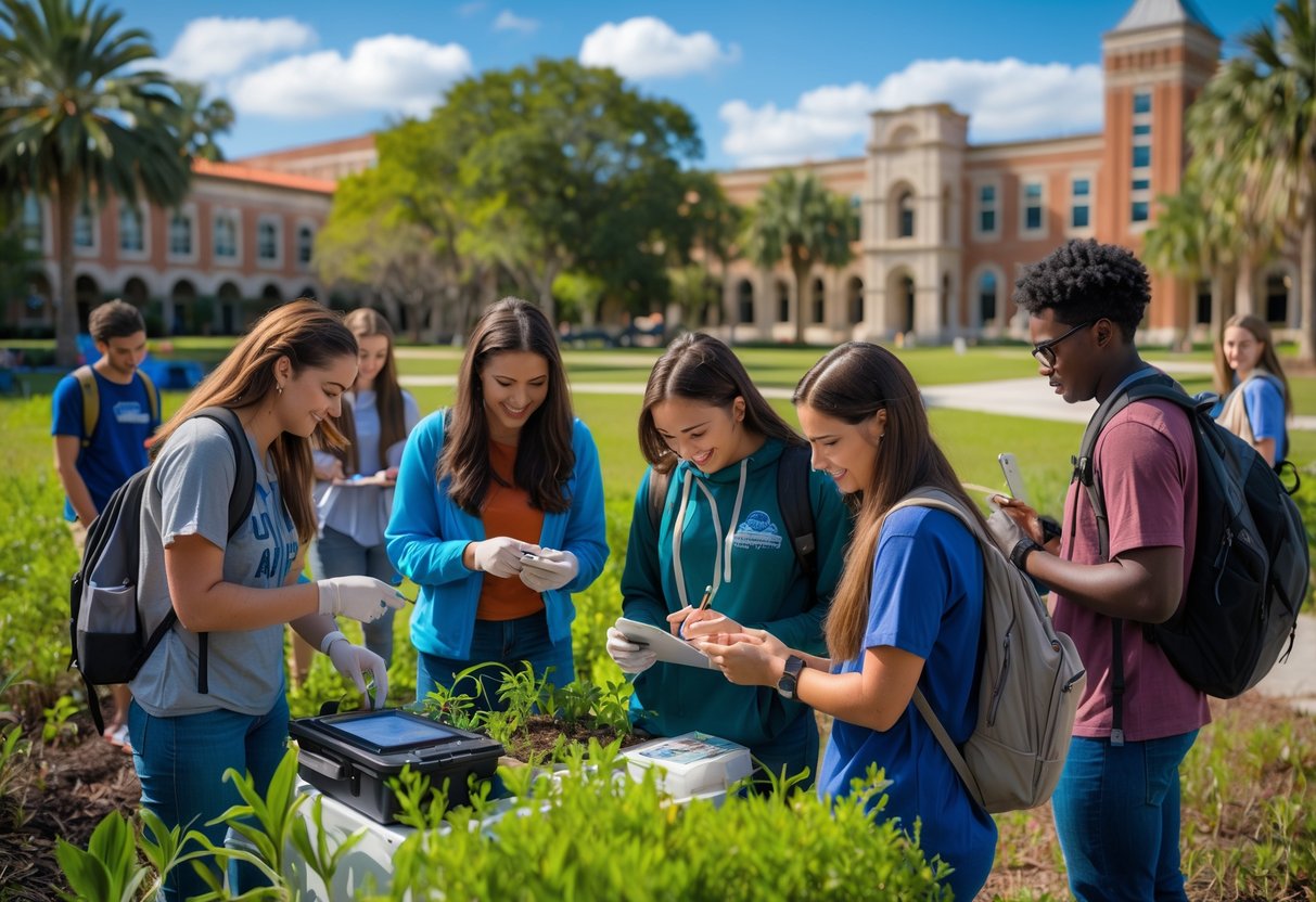 A group of diverse university students studying environmental science outdoors on a sunny day at a university campus with trees and buildings in the background.