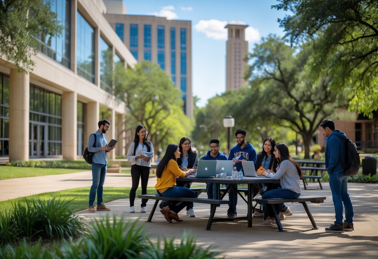 35 Fully Funded Scholarships | University of Texas at Austin 2026 26 Students studying outdoors on a university campus with academic buildings and trees in the background.