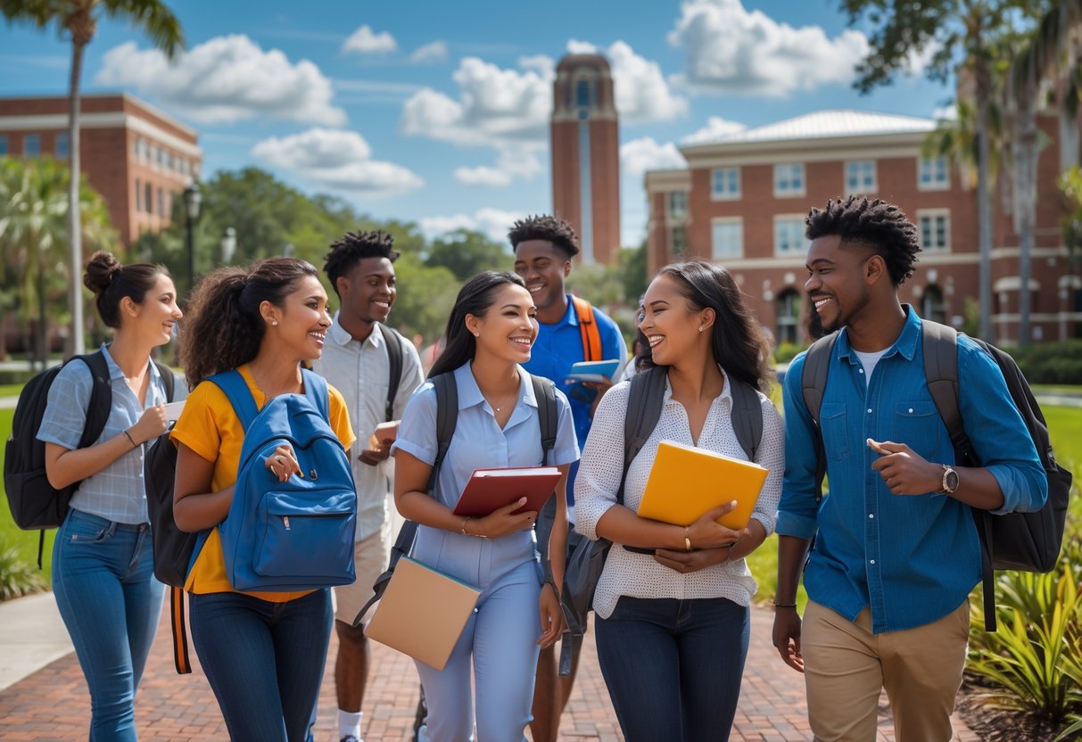 A diverse group of university students studying and talking outdoors on the University of Florida campus with campus buildings and greenery in the background.