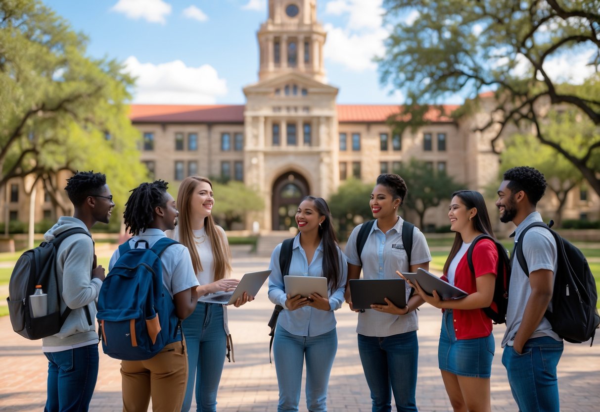 35 Fully Funded Scholarships | University of Texas at Austin 2026 27 A diverse group of college students studying and talking together outdoors on a university campus with a tall tower building in the background.
