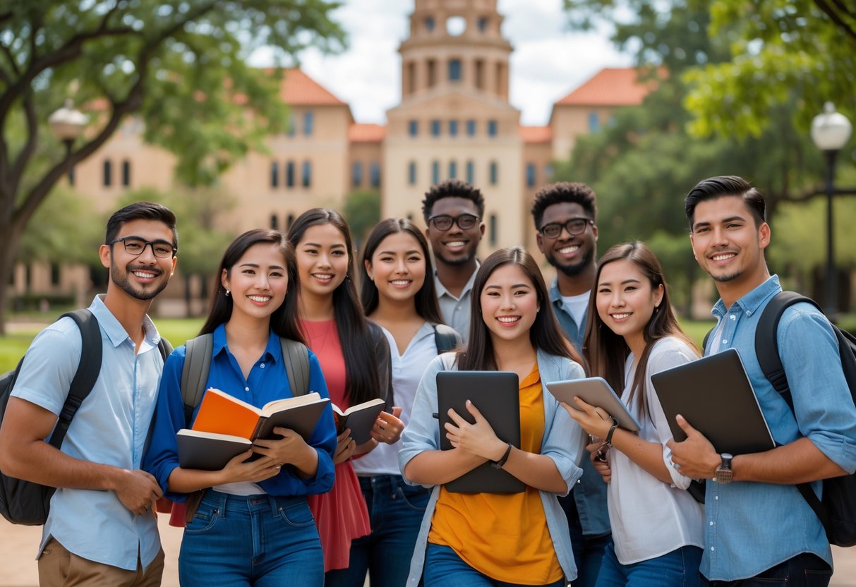35 Fully Funded Scholarships | University of Texas at Austin 2026 28 A group of diverse college students studying and smiling together outdoors on a university campus.
