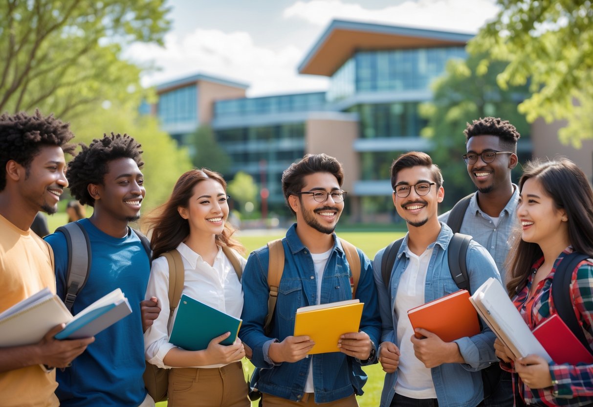 A diverse group of university students smiling and interacting outdoors on a sunny day at a university campus.