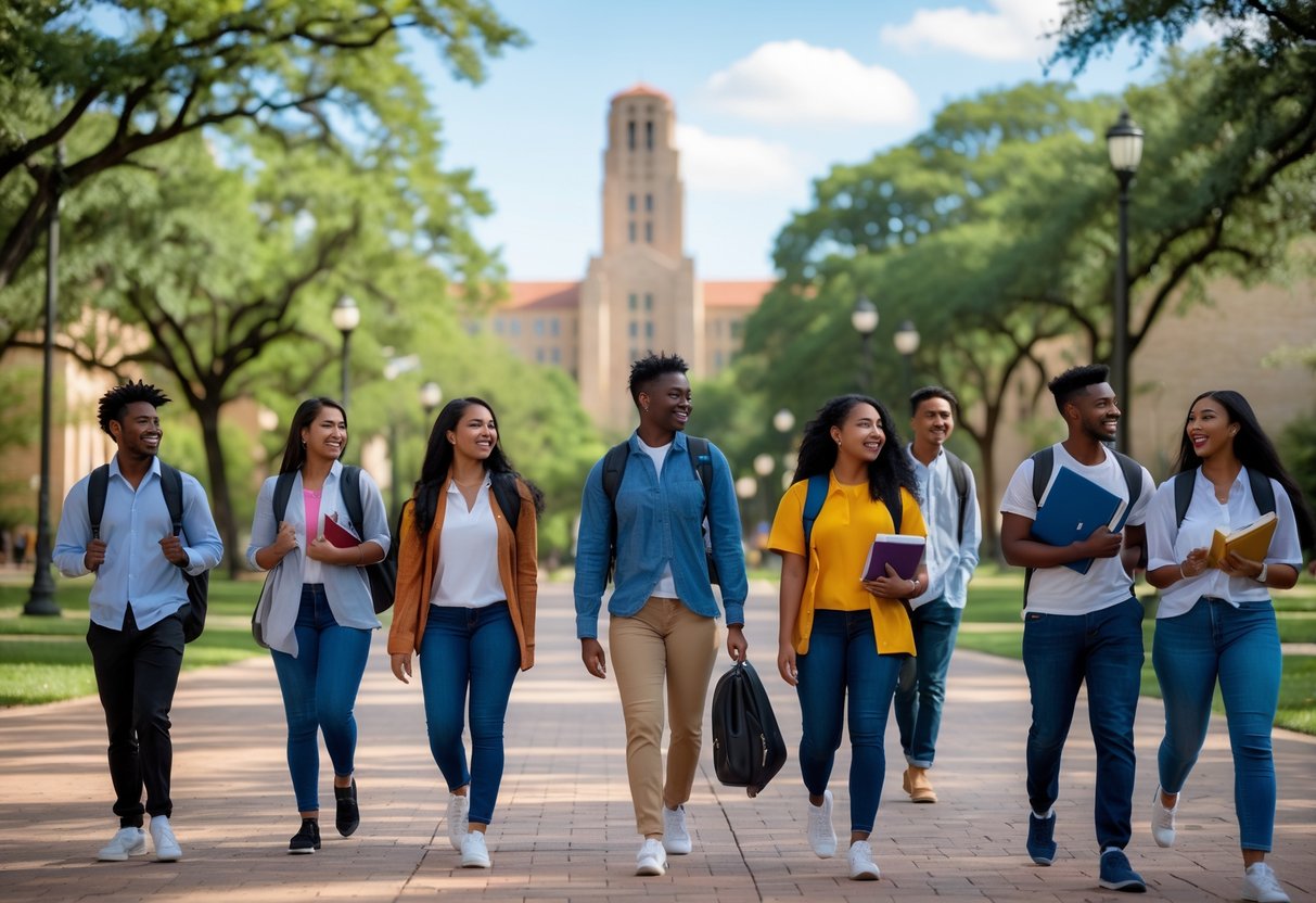 35 Fully Funded Scholarships | University of Texas at Austin 2026 29 A diverse group of university students walking and talking on a sunny university campus with iconic buildings and trees in the background.