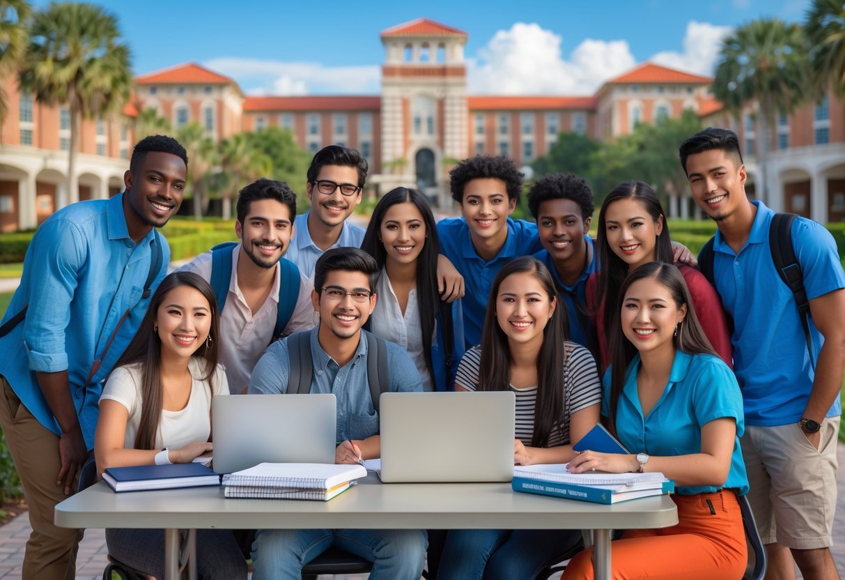 A diverse group of university students studying together outdoors on a sunny campus with university buildings in the background.