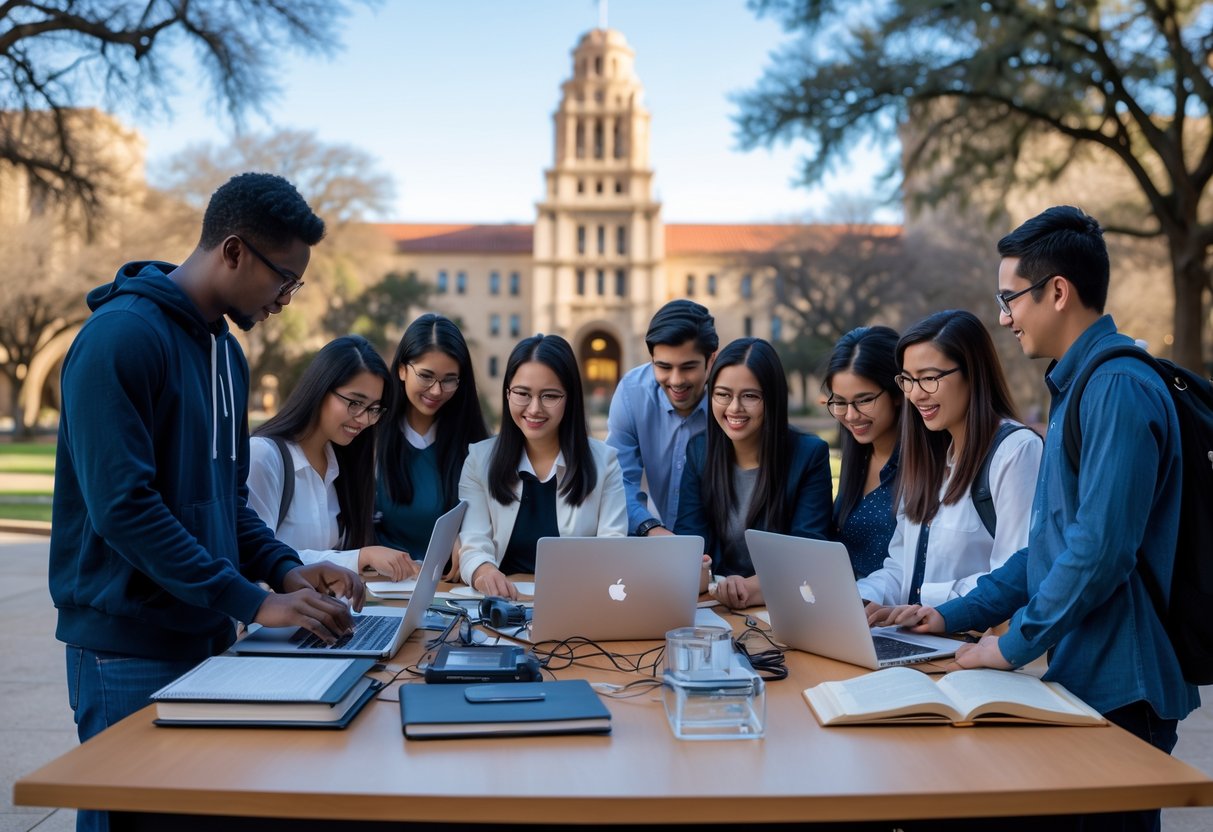 35 Fully Funded Scholarships | University of Texas at Austin 2026 30 A group of graduate students collaborating on research in a university setting with campus buildings visible in the background.