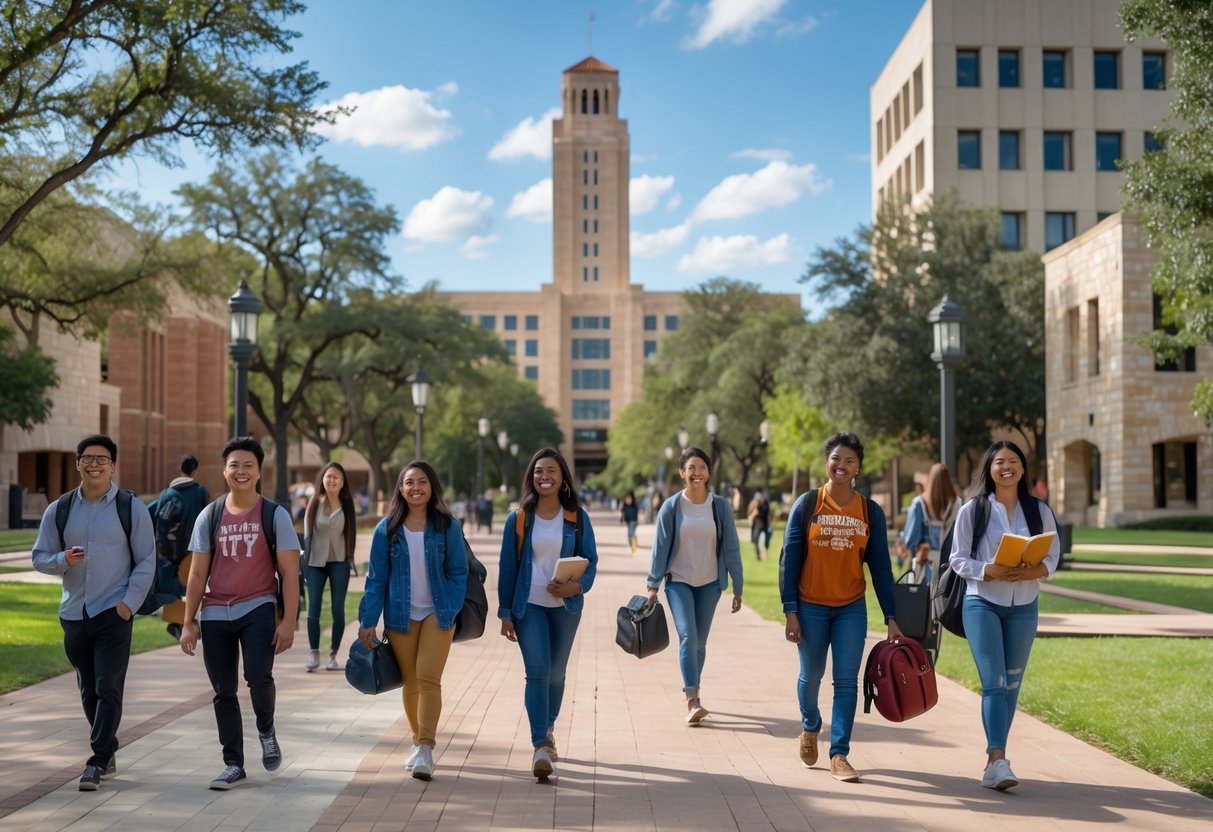 35 Fully Funded Scholarships | University of Texas at Austin 2026 31 A group of diverse college students studying and walking on a sunny university campus near iconic buildings.
