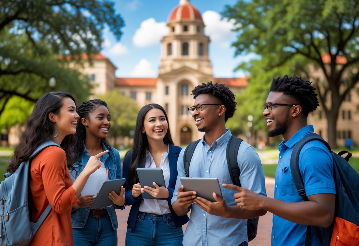 35 Fully Funded Scholarships | University of Texas at Austin 2026 32 A group of diverse university students talking and studying outdoors on a sunny day at the University of Texas at Austin campus.