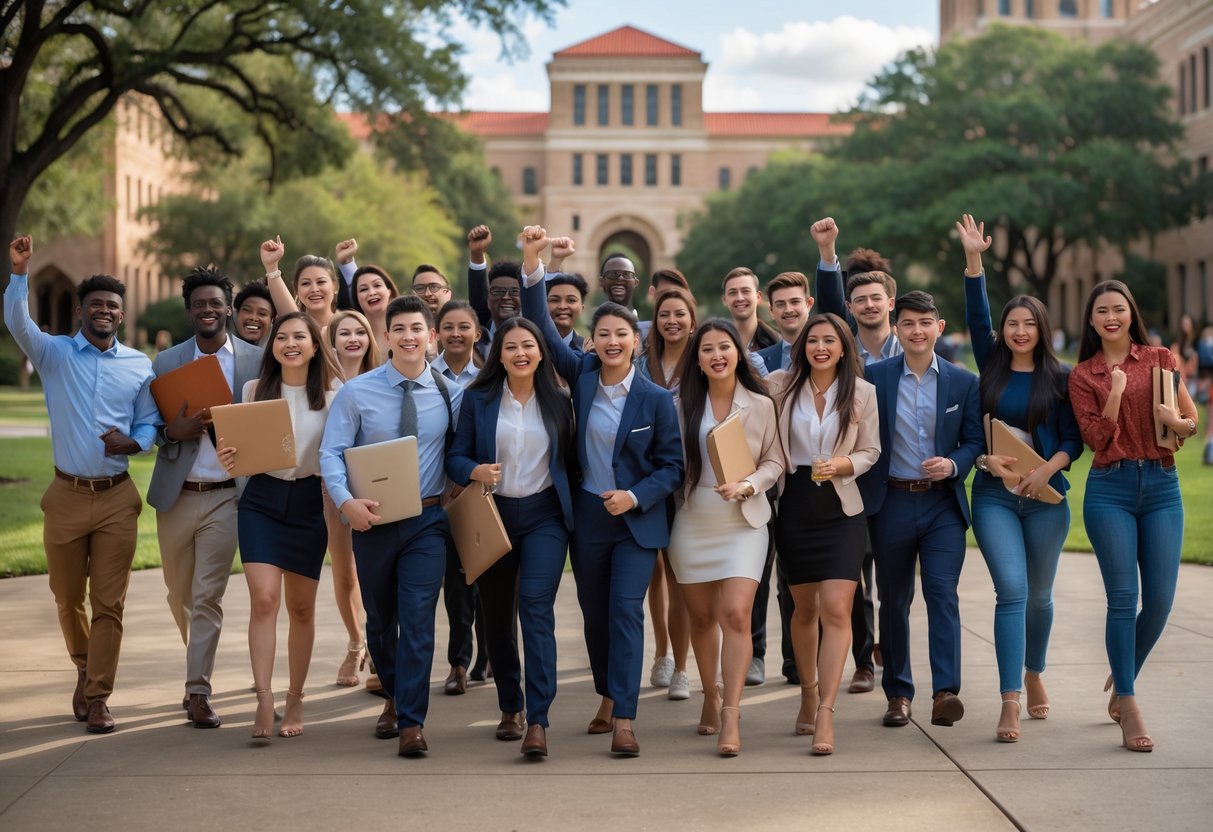 35 Fully Funded Scholarships | University of Texas at Austin 2026 33 A group of diverse college students celebrating outside on a university campus with buildings and trees in the background.