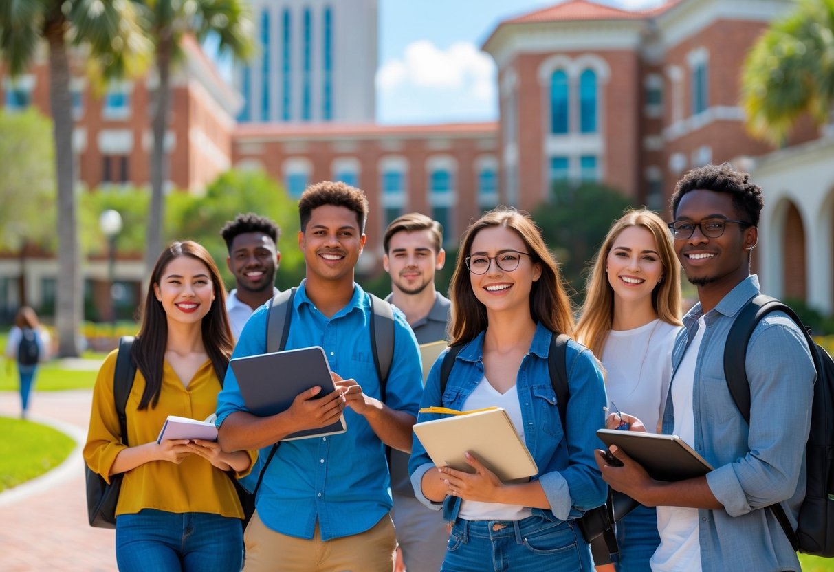 A diverse group of college students studying and smiling together outdoors on a university campus with academic buildings and greenery in the background.