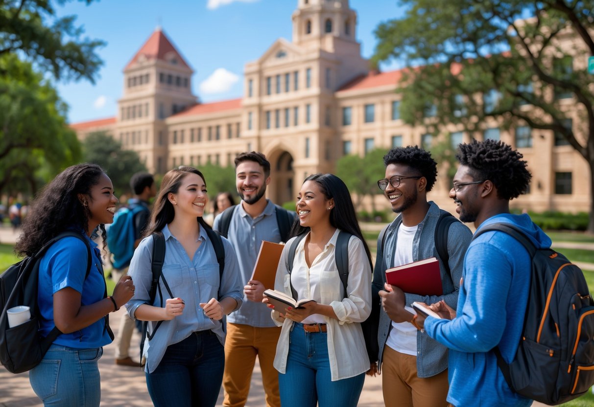 35 Fully Funded Scholarships | University of Texas at Austin 2026 34 A group of diverse college students smiling and talking outdoors on a university campus with buildings and trees in the background.