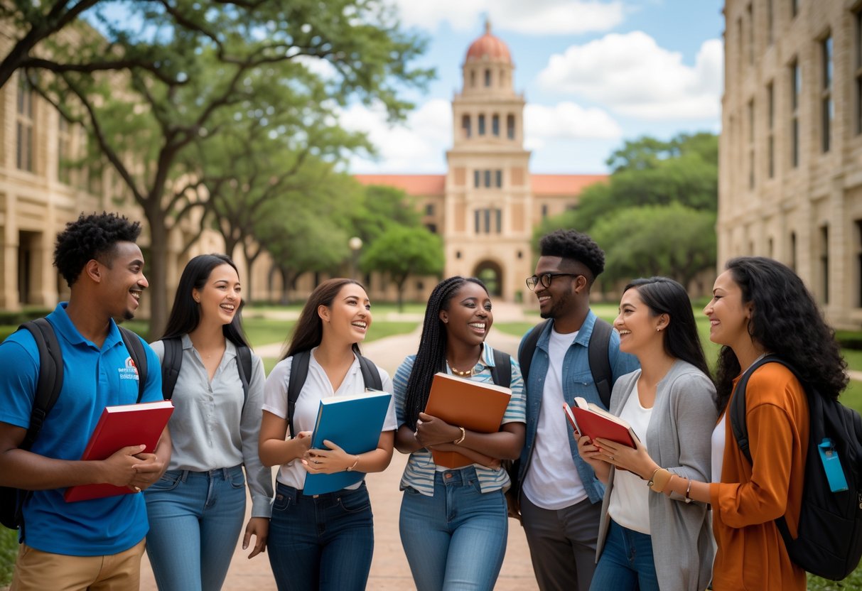 35 Fully Funded Scholarships | University of Texas at Austin 2026 35 A group of diverse college students talking and smiling on the University of Texas at Austin campus with university buildings and trees in the background.