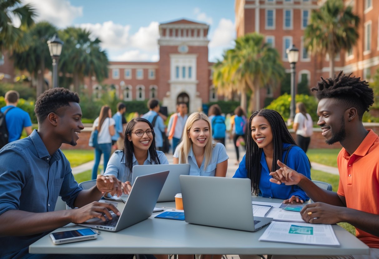 Students collaborating outdoors on a university campus with buildings and green spaces in the background.
