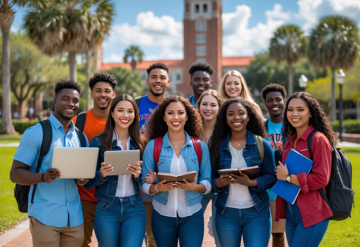 A group of diverse college students studying and smiling together outdoors on the University of Florida campus with university buildings in the background.