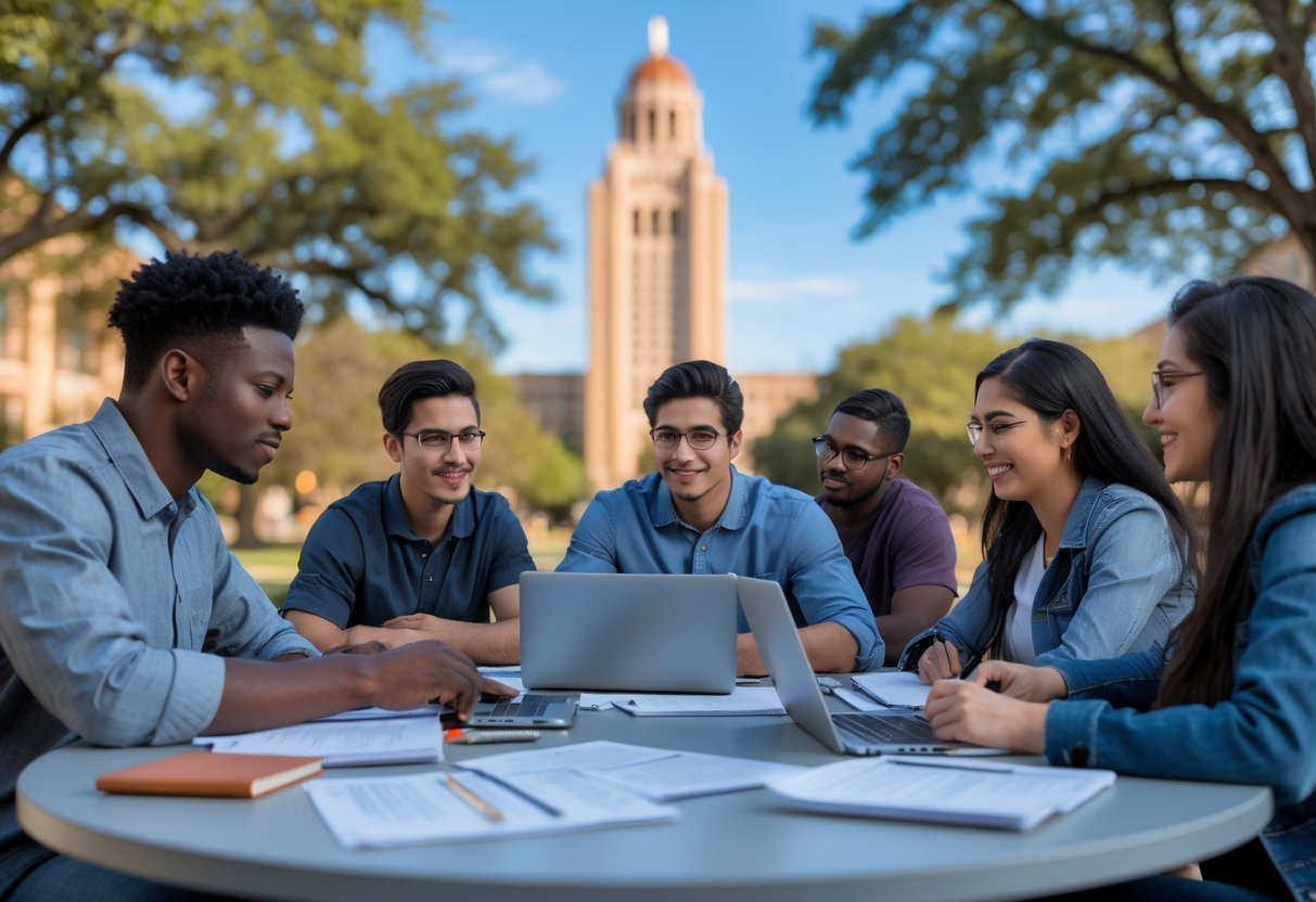 35 Fully Funded Scholarships | University of Texas at Austin 2026 37 A group of diverse students studying together outdoors on a university campus with the University of Texas at Austin tower in the background.