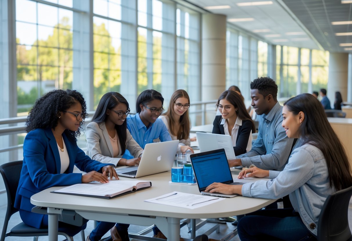 A group of graduate students working together in a bright university study area with laptops and research materials.