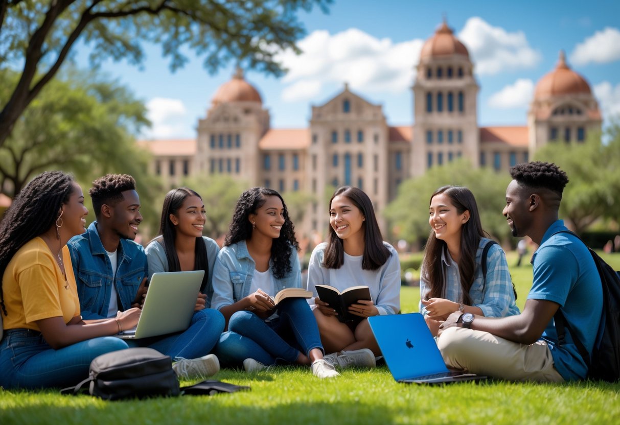 35 Fully Funded Scholarships | University of Texas at Austin 2026 38 A diverse group of university students studying and talking together outdoors on a sunny day at the University of Texas at Austin campus.