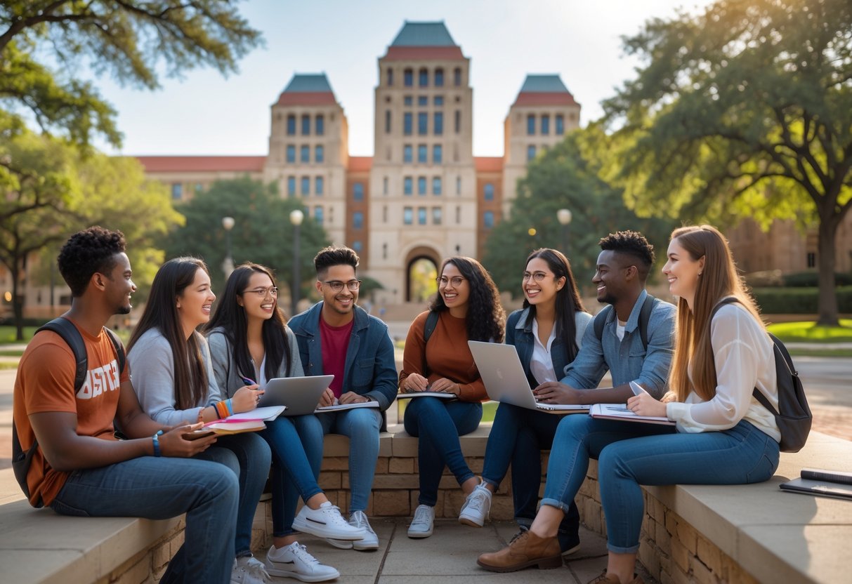 35 Fully Funded Scholarships | University of Texas at Austin 2026 39 A group of diverse university students studying and talking together outdoors on a university campus with buildings and trees in the background.
