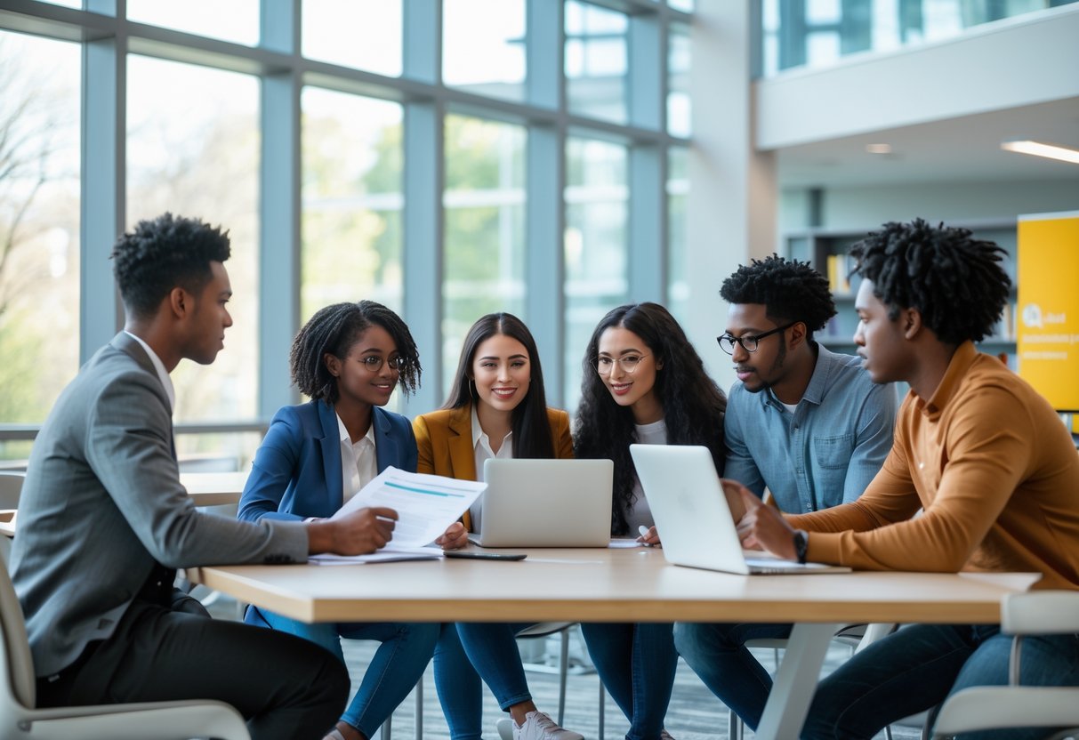 A group of diverse students discussing documents and laptops in a bright university study area.