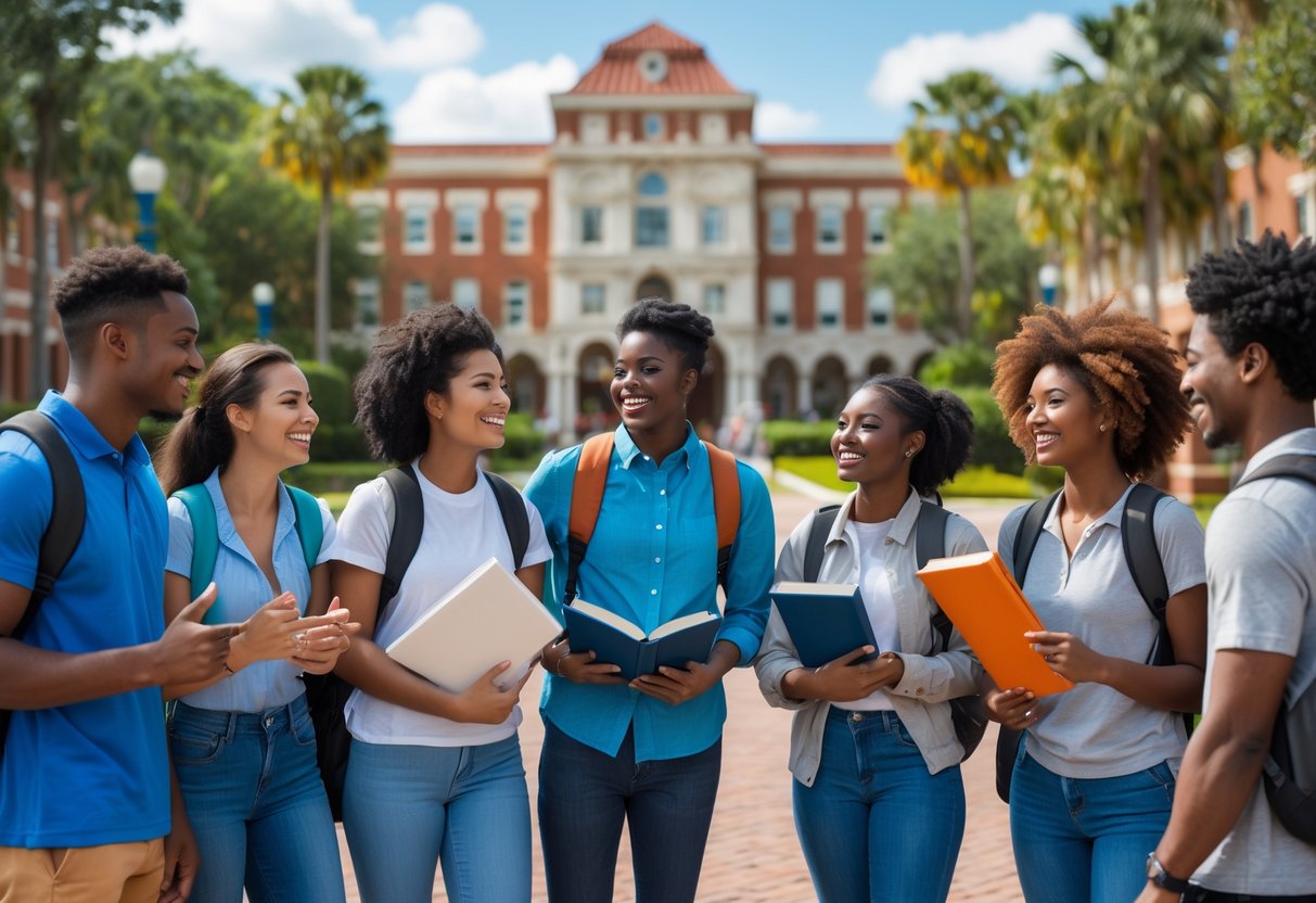 A group of diverse university students talking and smiling outdoors on a sunny day at a university campus.
