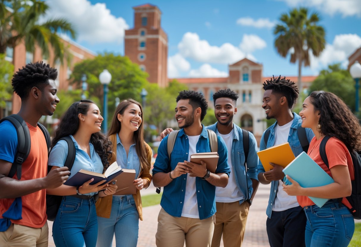 A group of diverse university students talking and smiling outdoors on a sunny day at a university campus with buildings and trees in the background.