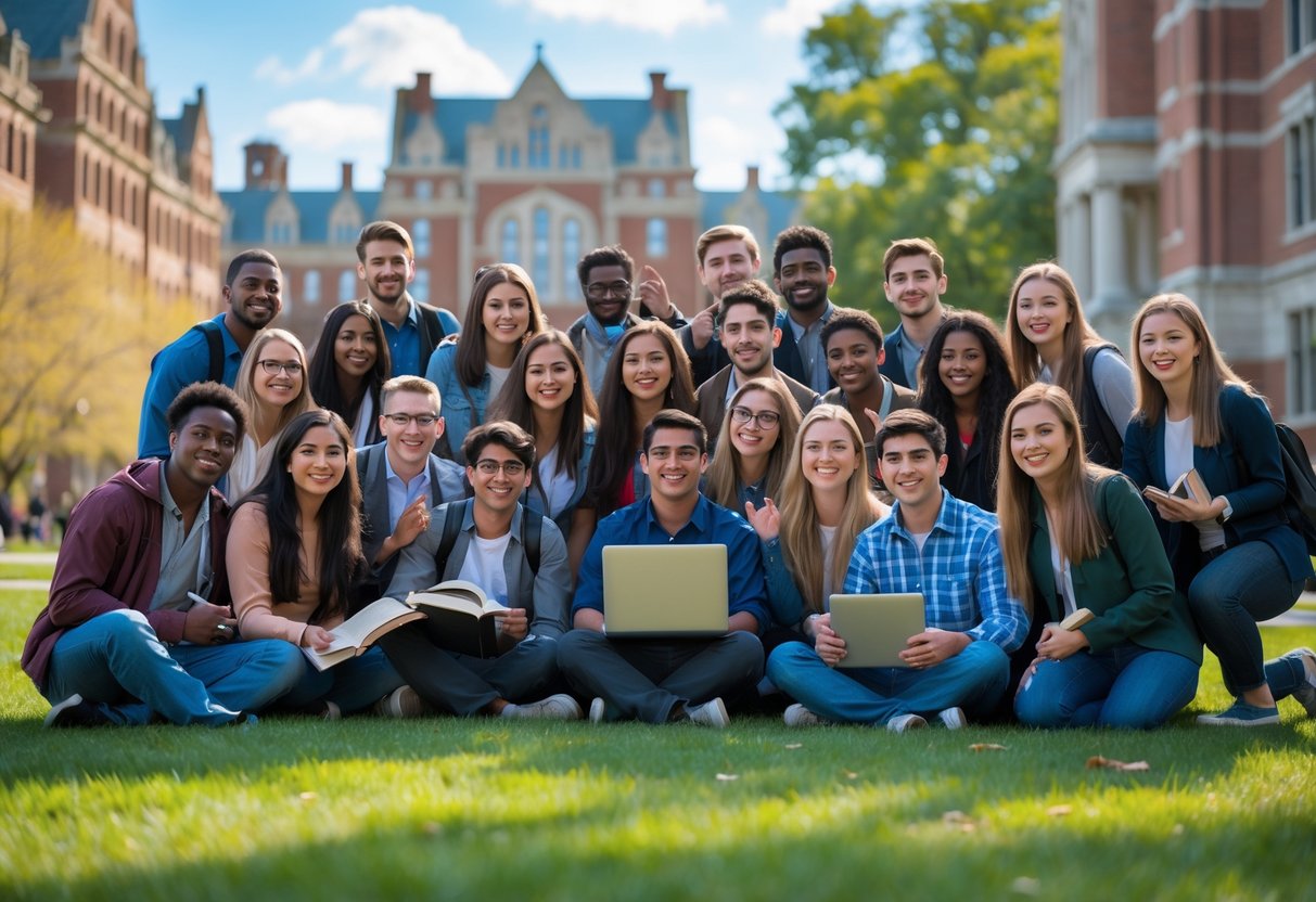 35 Fully Funded Scholarships | University of Wisconsin Madison 2026 2 A group of diverse college students studying and smiling together outdoors on a university campus with historic buildings and green lawns in the background.
