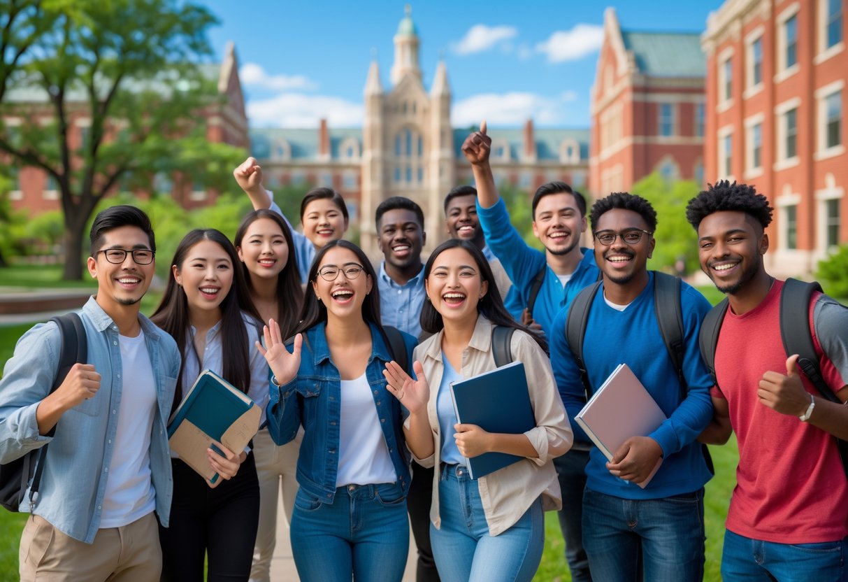 35 Fully Funded Scholarships | University of Wisconsin Madison 2026 3 A group of diverse undergraduate students celebrating together on a university campus with buildings and trees in the background.