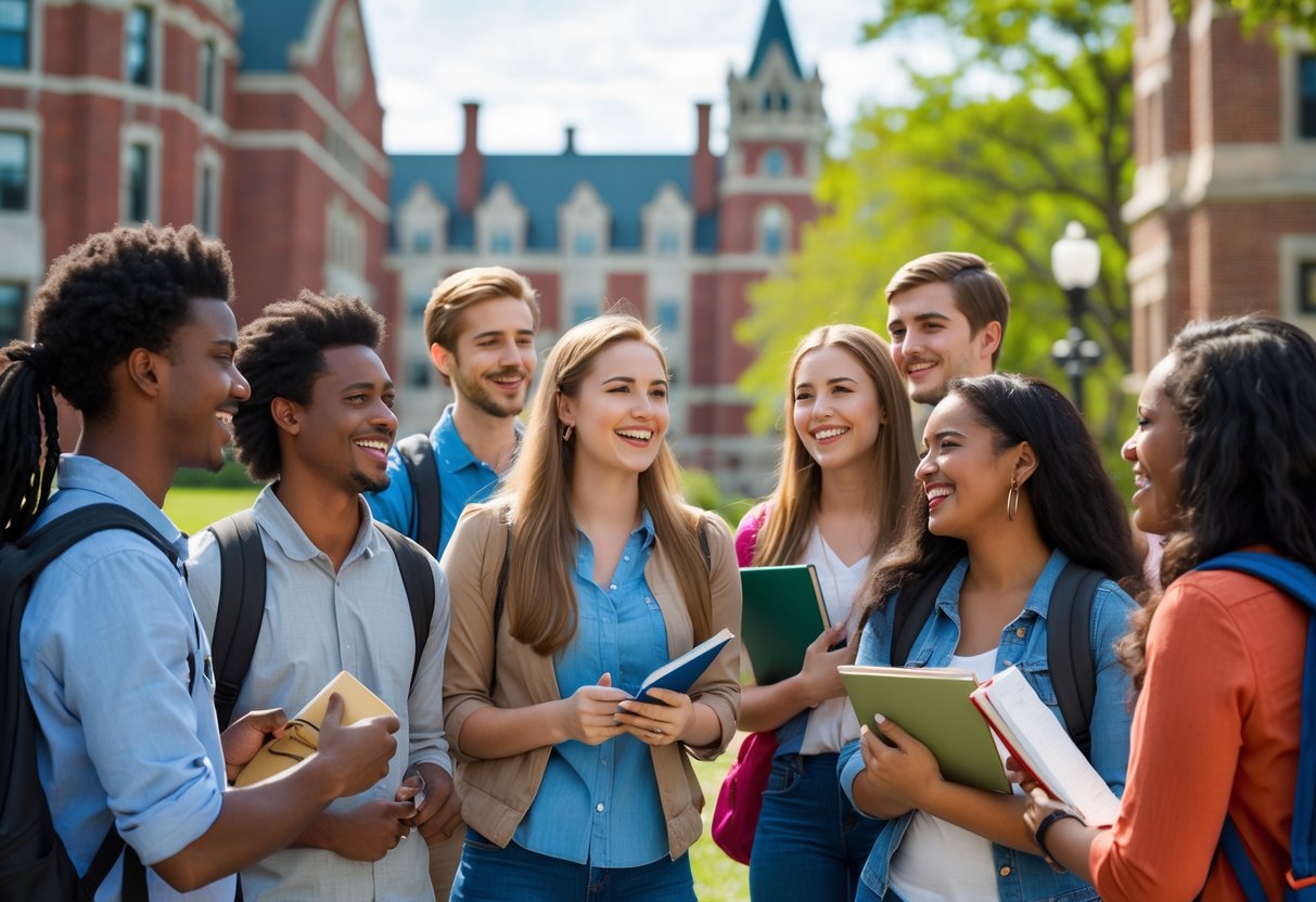 35 Fully Funded Scholarships | University of Wisconsin Madison 2026 4 A group of diverse university students smiling and talking outside on a sunny university campus with red brick buildings and trees in the background.