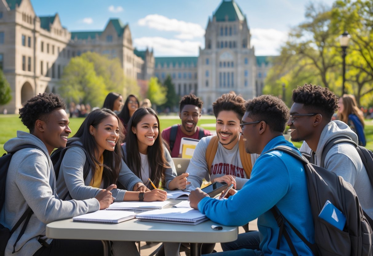 35 Fully Funded Scholarships | University of Wisconsin Madison 2026 5 A diverse group of college students studying together outdoors on a university campus with green trees and academic buildings in the background.