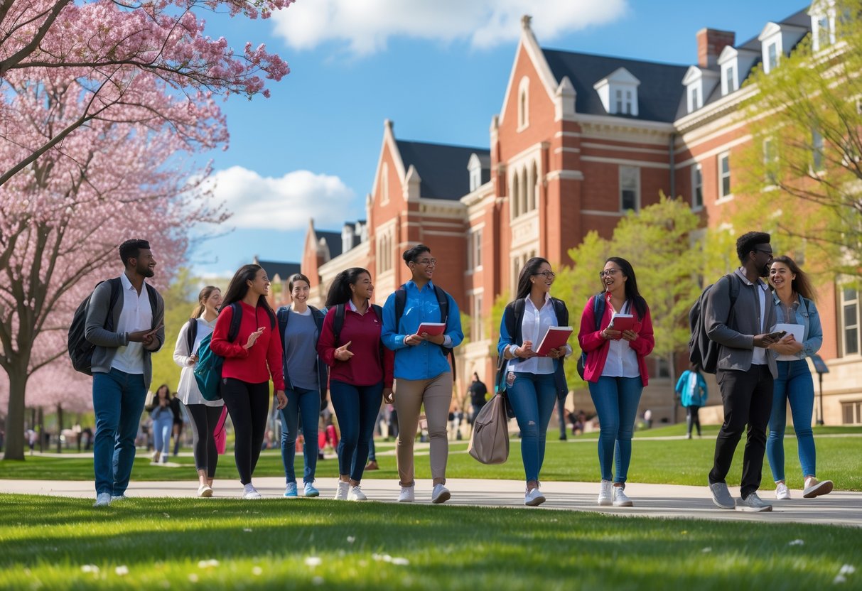 35 Fully Funded Scholarships | University of Wisconsin Madison 2026 6 A group of diverse university students walking and sitting on a green lawn with red brick campus buildings in the background on a sunny day.