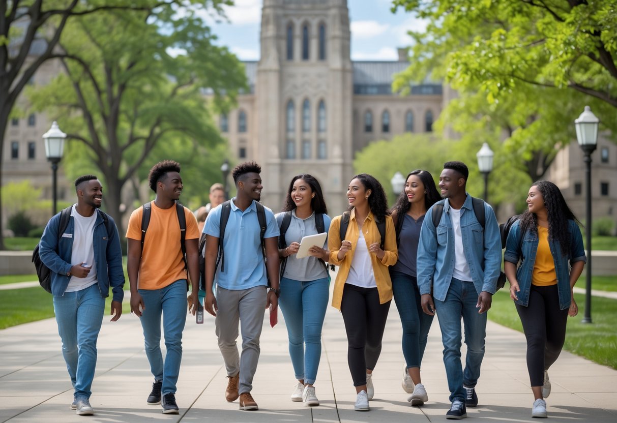 35 Fully Funded Scholarships | University of Wisconsin Madison 2026 7 A diverse group of college students walking and talking on a university campus with historic buildings and trees in the background.