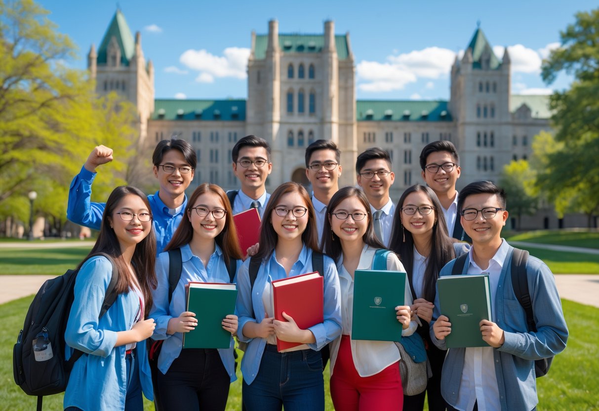35 Fully Funded Scholarships | University of Wisconsin Madison 2026 8 A diverse group of university students smiling and standing outdoors on a sunny day at a university campus with buildings and trees in the background.