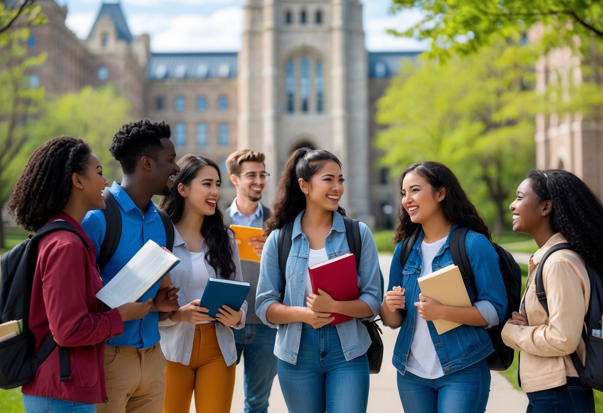 35 Fully Funded Scholarships | University of Wisconsin Madison 2026 9 A group of diverse college students talking and smiling outdoors on a university campus with buildings and trees in the background.