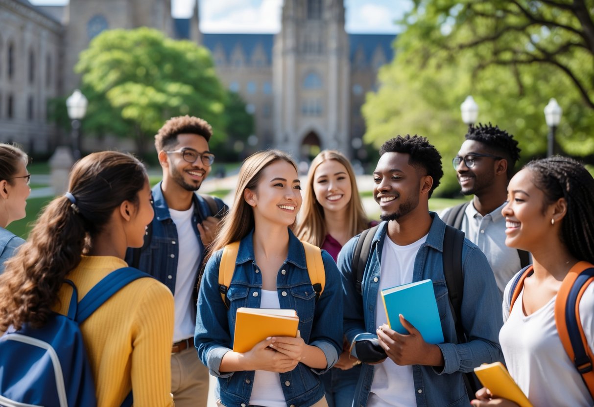 35 Fully Funded Scholarships | University of Wisconsin Madison 2026 10 A group of diverse college students talking and smiling on a sunny university campus with buildings and trees in the background.