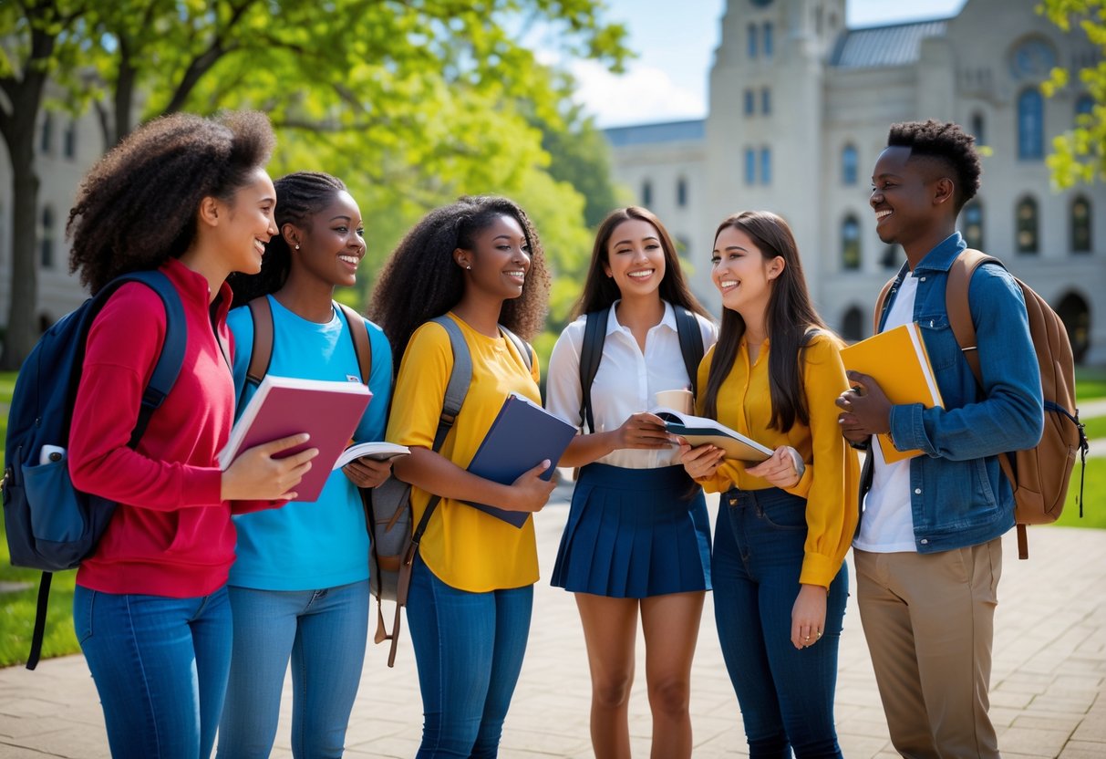35 Fully Funded Scholarships | University of Wisconsin Madison 2026 11 A group of diverse university students smiling and talking outdoors on a sunny day at the University of Wisconsin at Madison campus.