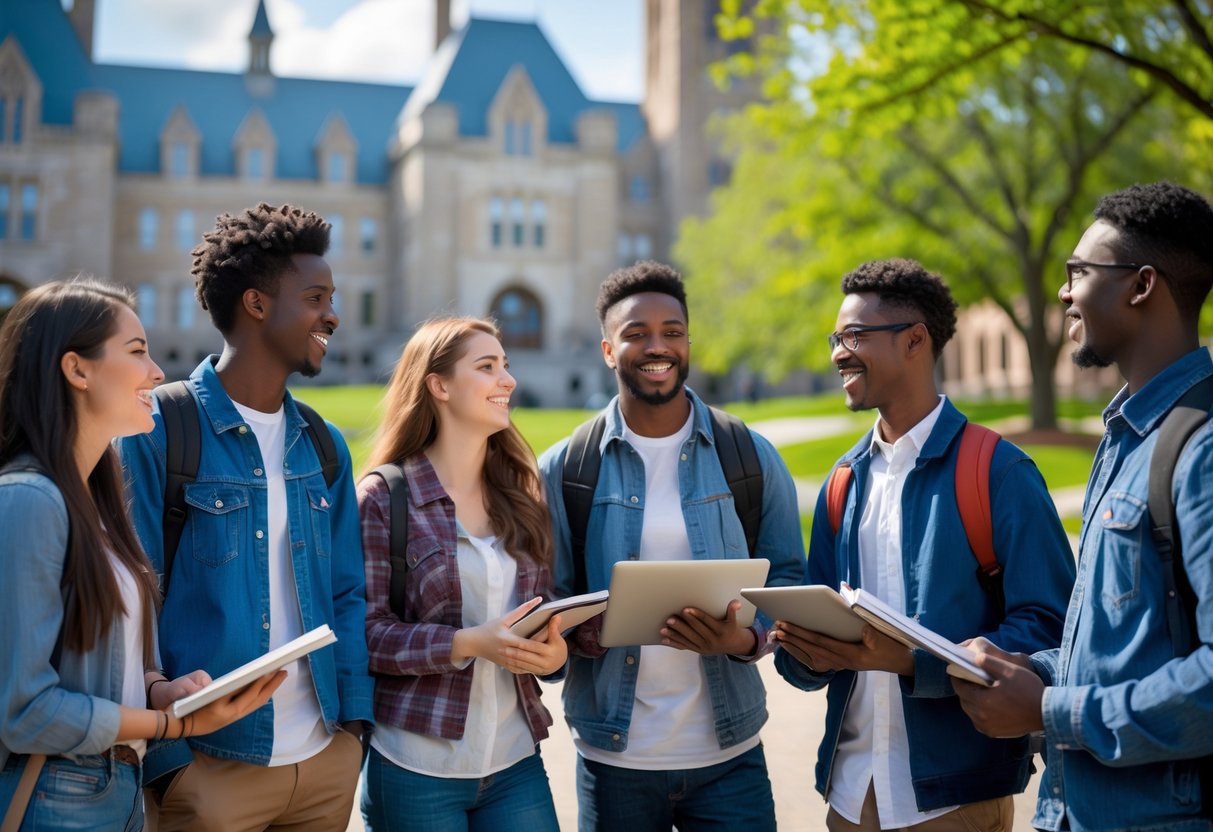 35 Fully Funded Scholarships | University of Wisconsin Madison 2026 12 A group of diverse college students talking and studying together outdoors on a university campus with buildings and trees in the background.