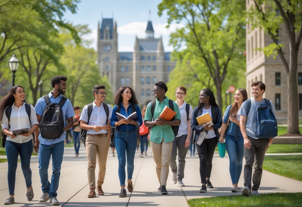 35 Fully Funded Scholarships | University of Wisconsin Madison 2026 13 A group of diverse college students walking and sitting outdoors on a university campus with buildings and trees in the background.
