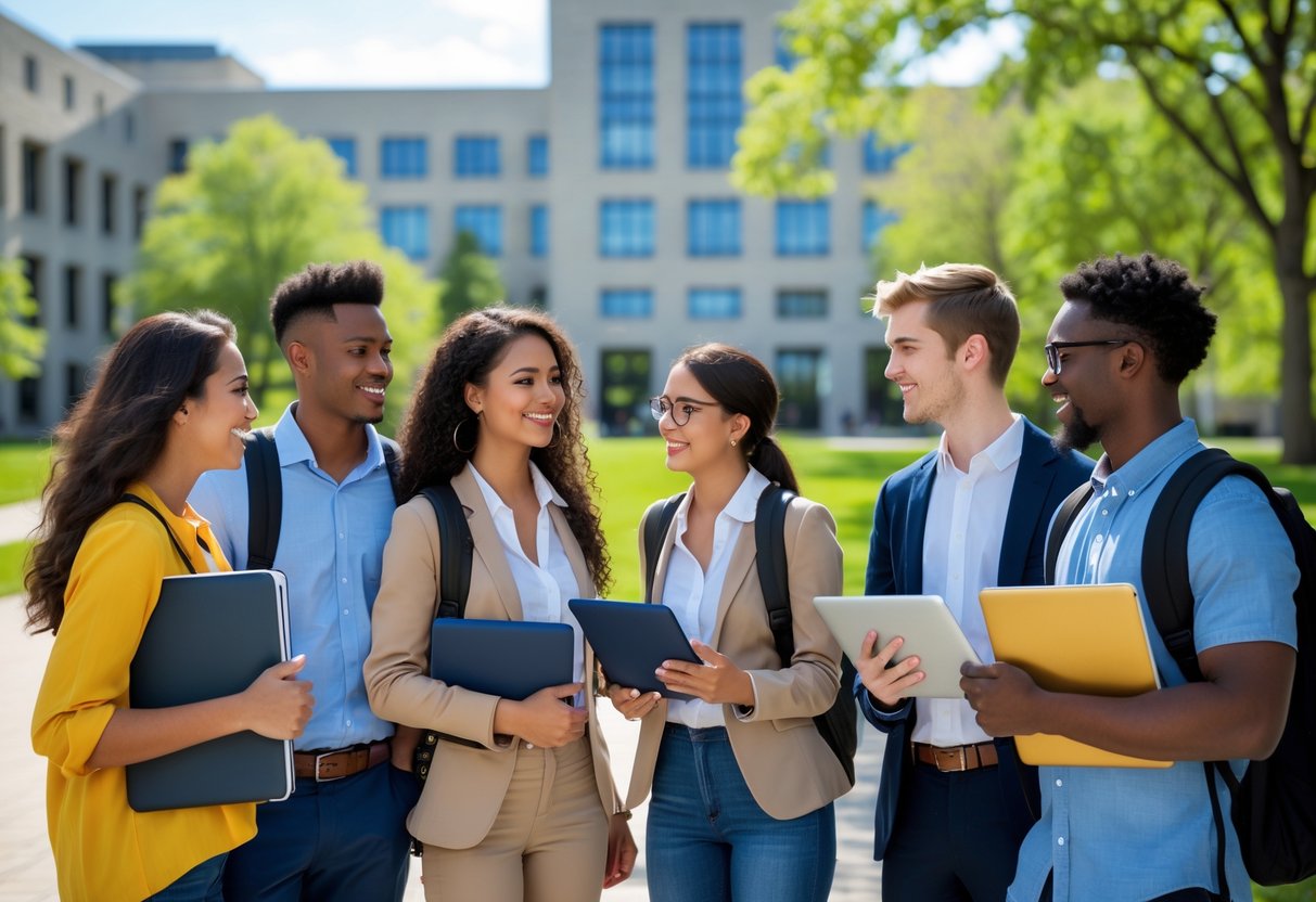 35 Fully Funded Scholarships | University of Wisconsin Madison 2026 14 A diverse group of university students talking outdoors on a sunny day with campus buildings and trees in the background.