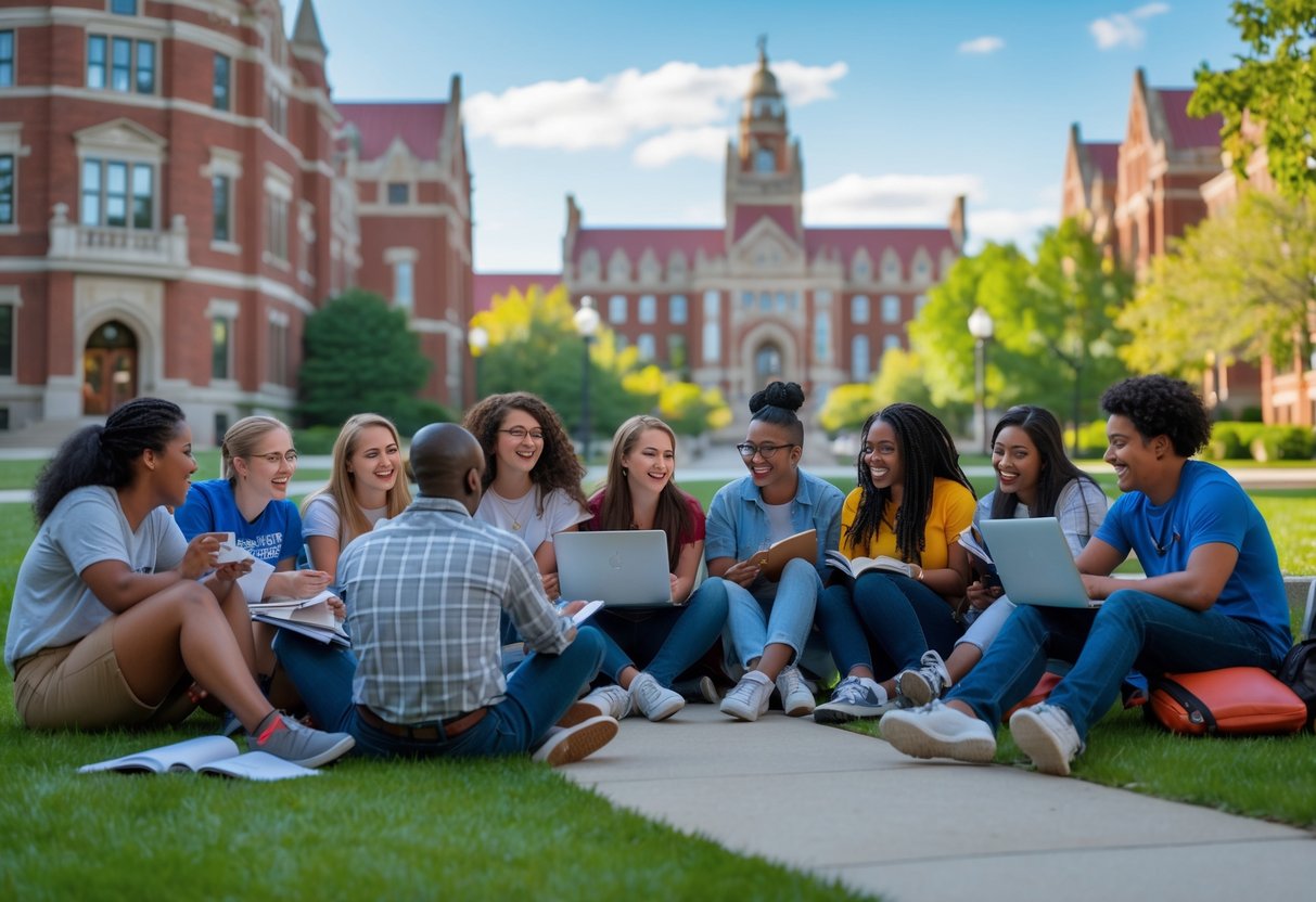 35 Fully Funded Scholarships | University of Wisconsin Madison 2026 15 A group of diverse college students studying and talking together outdoors on a university campus with red brick buildings and green lawns.