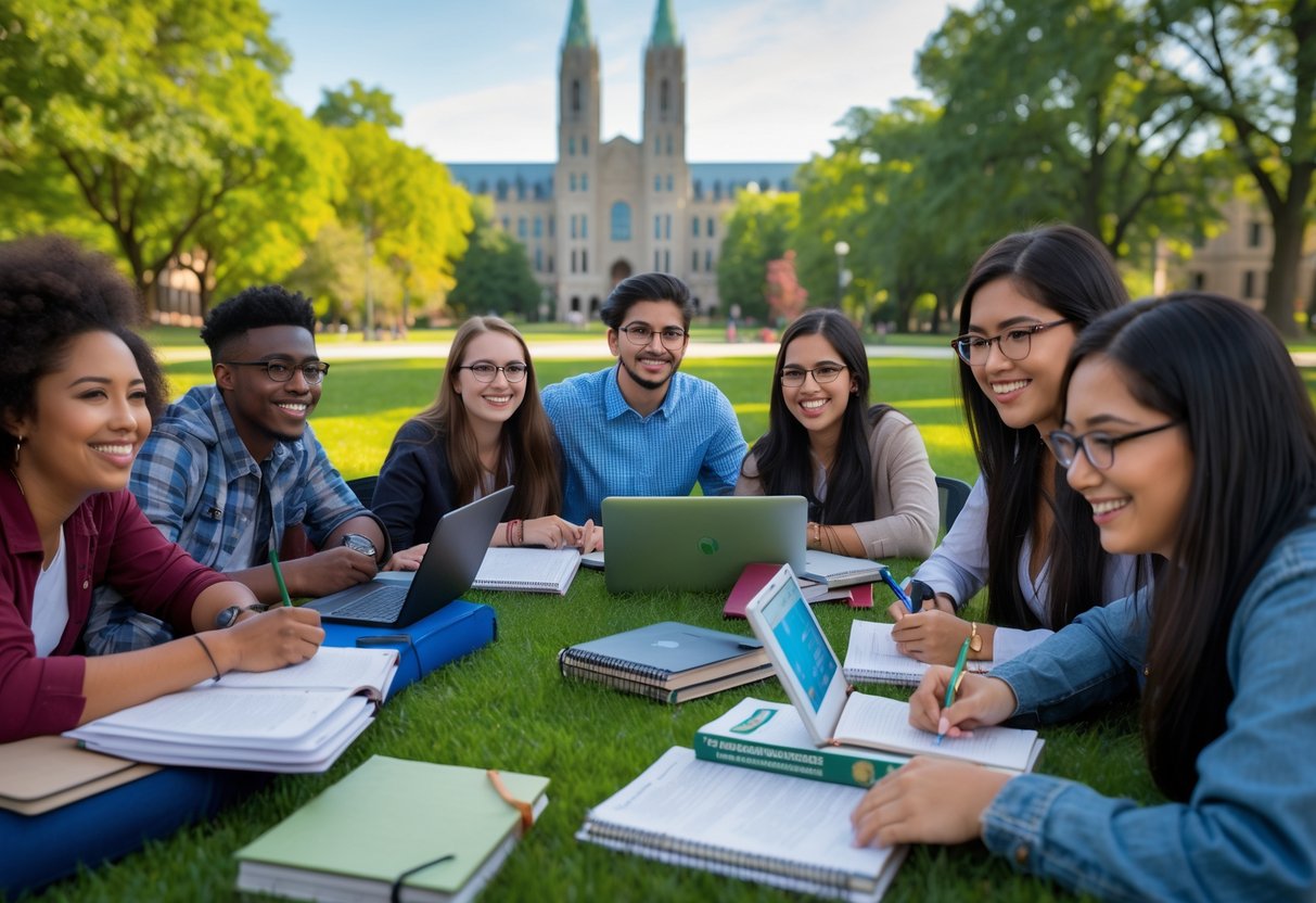 35 Fully Funded Scholarships | University of Wisconsin Madison 2026 16 A diverse group of college students studying together outdoors on a university campus with green lawns and buildings in the background.