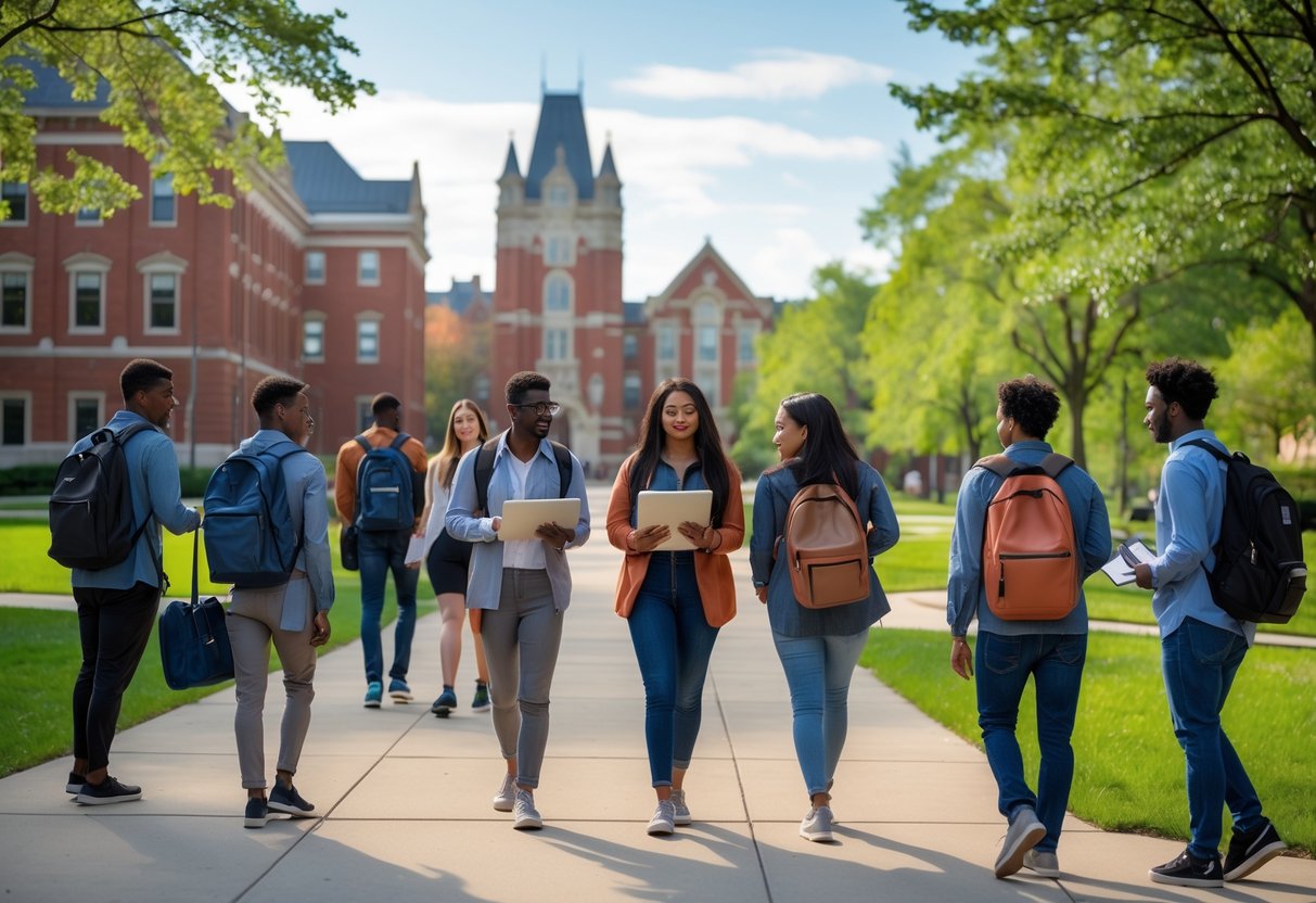 35 Fully Funded Scholarships | University of Wisconsin Madison 2026 17 A group of diverse graduate students walking and talking on a university campus with red brick buildings and green lawns in the background.