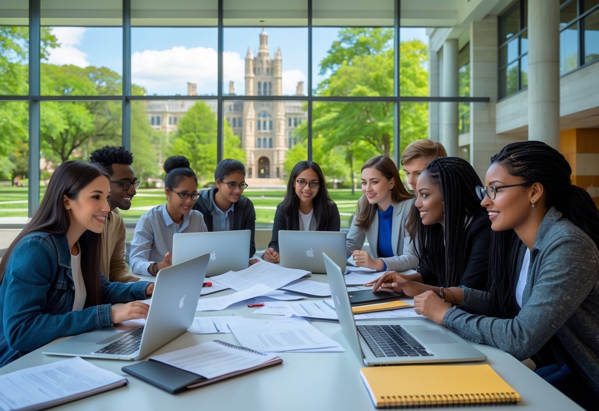 35 Fully Funded Scholarships | University of Wisconsin Madison 2026 18 A group of diverse university students working together on research in a bright campus setting with laptops and papers.