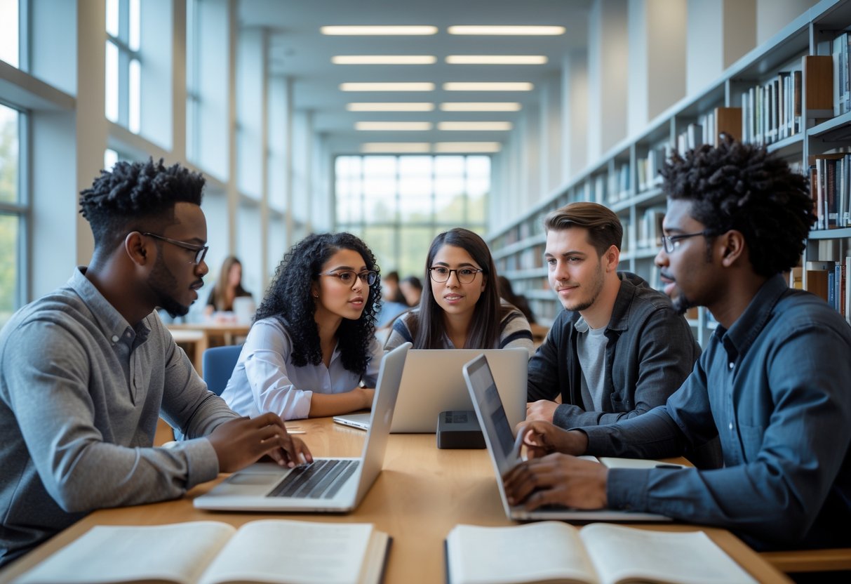 35 Fully Funded Scholarships | University of Wisconsin Madison 2026 19 A group of university students studying together in a bright library, with one student explaining something to others.