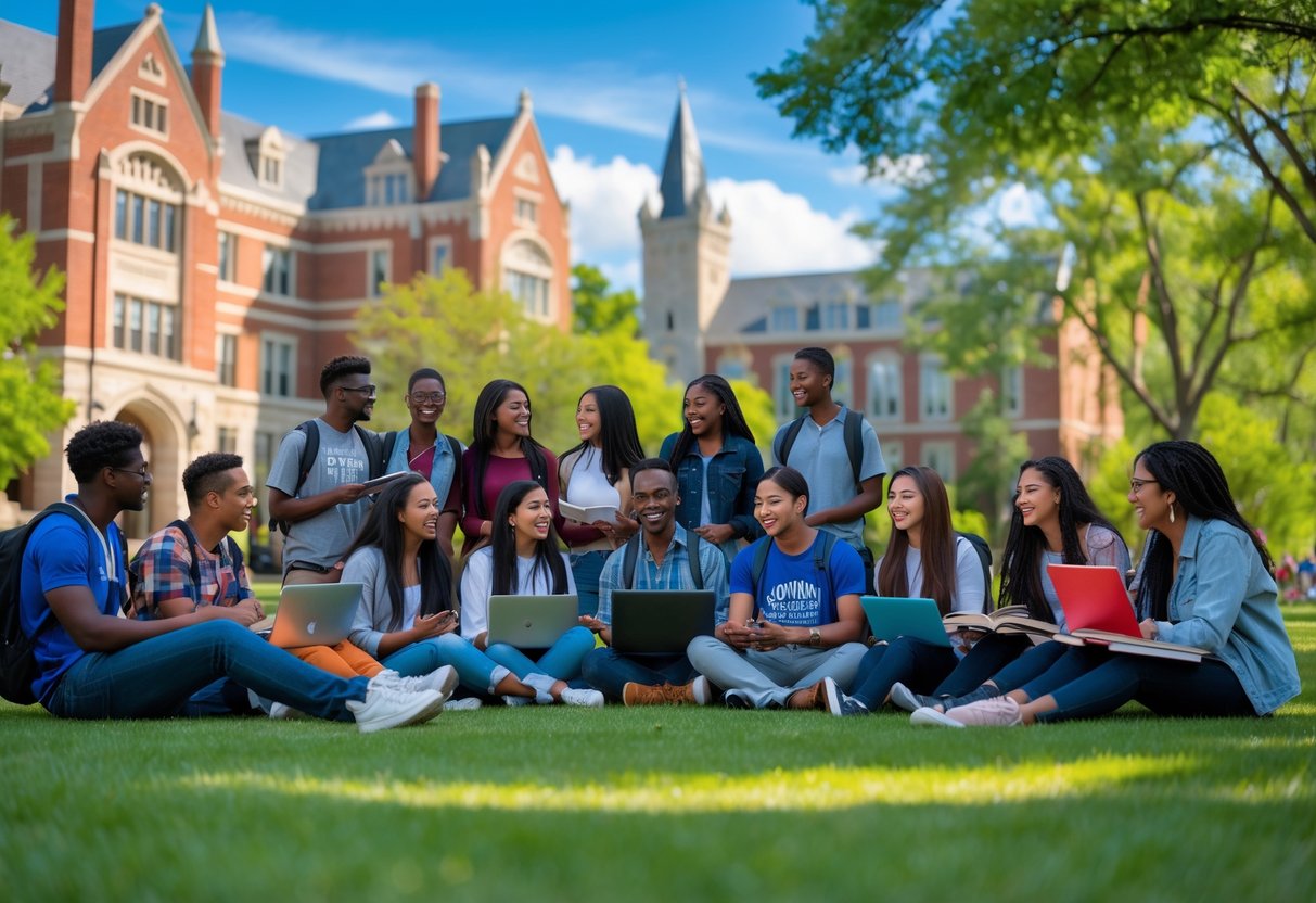 35 Fully Funded Scholarships | University of Wisconsin Madison 2026 20 A diverse group of university students studying and talking together outdoors on a sunny day at a college campus.