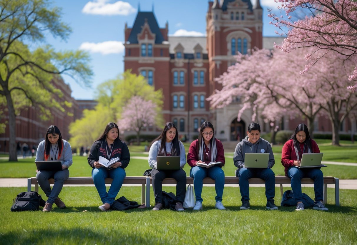 35 Fully Funded Scholarships | University of Wisconsin Madison 2026 22 A group of Native American college students studying and talking together outdoors on a university campus with buildings and trees in the background.