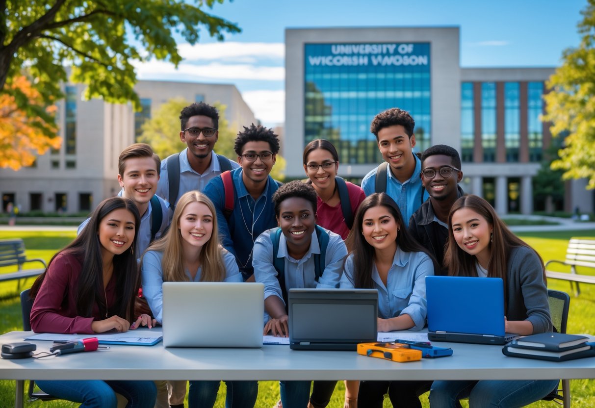 35 Fully Funded Scholarships | University of Wisconsin Madison 2026 23 A diverse group of university students collaborating outdoors on a sunny campus with modern buildings in the background.